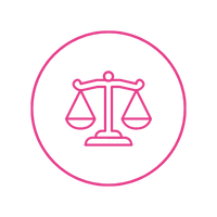 A pink line icon of a justice scale centered inside a pink circle on a white background.