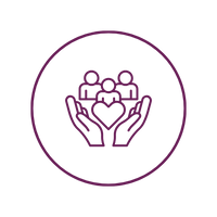 A minimalist line icon depicting two hands holding a heart with three small people figures above it, enclosed in a circular border on a solid black background.