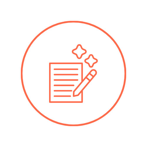 A coral orange line icon on a white background inside a coral orange circle, depicting a document with a pencil and small sparkle marks.