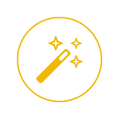 A circular graphic featuring a gold magic wand and three sparkling gold stars on a white background.