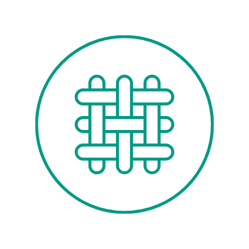 A teal line icon depicting a woven basket or lattice pattern inside a circle, centered on a solid white background.