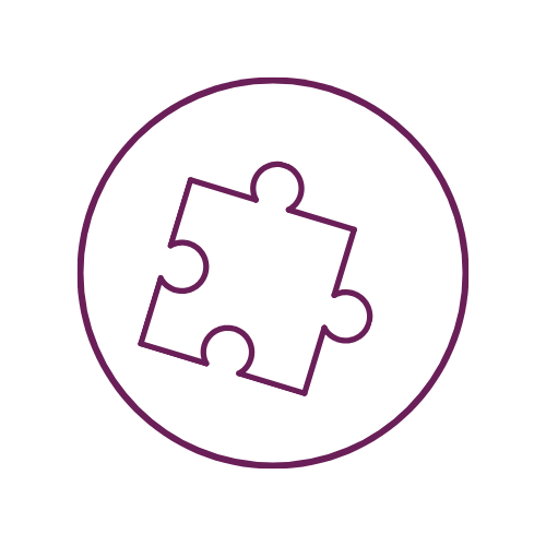 A minimalist line art icon featuring a jigsaw puzzle piece enclosed in a circle, rendered in a dark plum purple color on a solid white background.