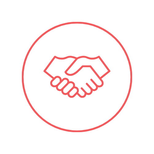 A minimalist red line icon depicting a handshake inside a circle, representing a service or partnership rather than a physical product.