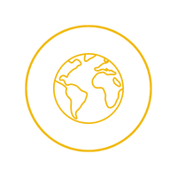 A minimalist yellow line art icon depicting a globe with a hand-drawn outline, centered on a white background.