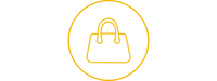 A minimalist yellow line icon of a shopping bag inside a circle on a white background.