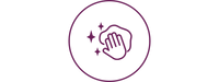 A purple line-art icon of a hand wiping with sparkles inside a circle, centered on a white background.
