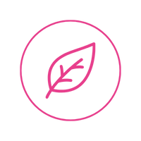 A pink line icon of a leaf inside a circle on a white background, commonly used as a sustainability or eco-friendly certification badge.