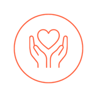 A minimalist orange line icon depicting two hands holding a heart, enclosed in a circle, on a solid white background.