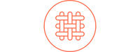 A minimalist orange line icon depicting a stylized grid or network, centered inside a thin orange circle on a solid white background.