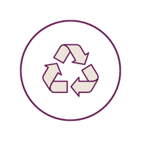 A minimalist recycling symbol icon, featuring three light beige arrows outlined in dark purple, enclosed within a matching dark purple circle on a solid white background.